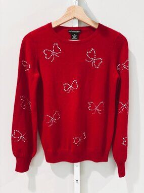 NWT Sofia Cashmere Red Bow Sweater 100% Cashmere Rhinestone Embellished Small